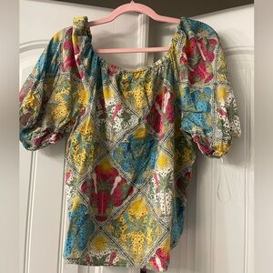 LOFT Yellow and Red Flutter Sleeve Blouse